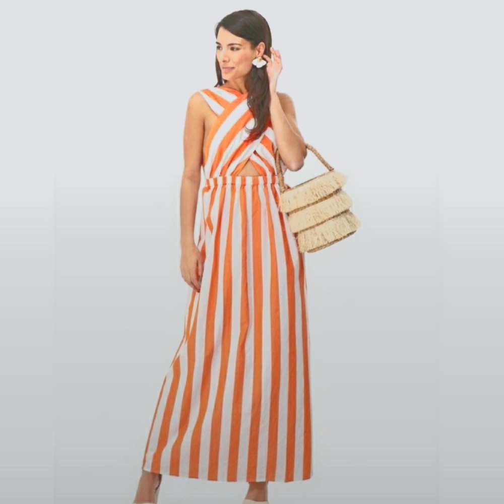 Mara Hoffman Orange and White Striped Swim Coverup Maxi Dress